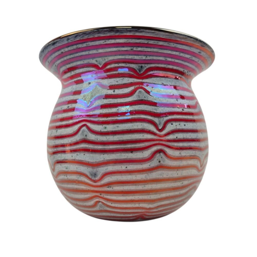 Studio Art Glass Vase Red Ribbon Stripe Black interior Hand Blown Contemporary - Picture 3 of 10